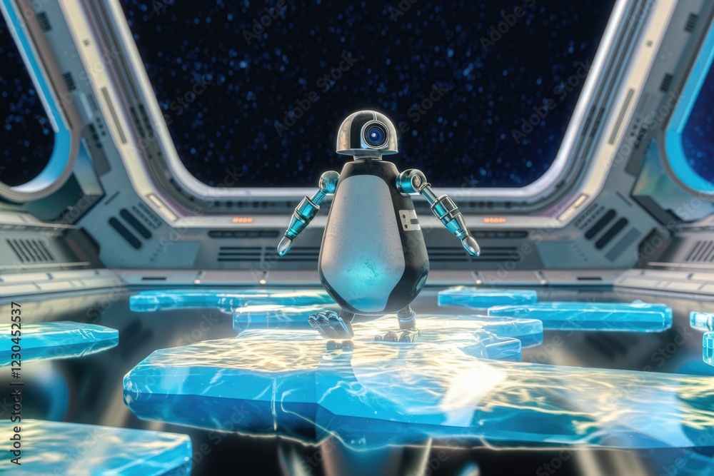 Poster A penguin-shaped robot stands on glowing ice in a futuristic spaceship, gazing out into space.