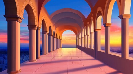 Serene sunset view from a grand archway overlooking a vibrant city skyline at dusk