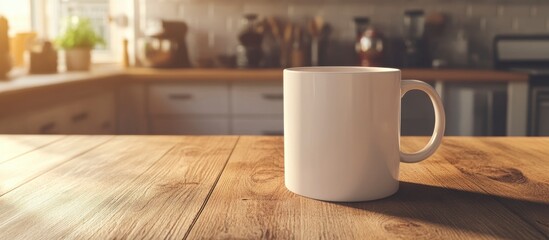 Fototapeta premium Blank White Mug on Wooden Kitchen Counter - Morning Sunlight Mockup