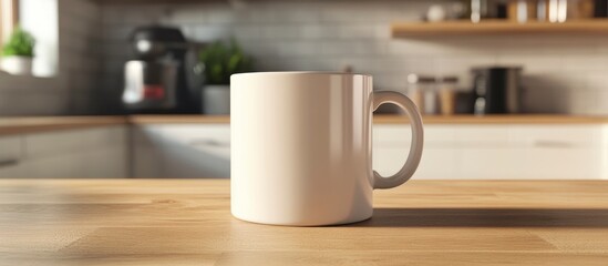 Fototapeta premium Blank White Mug on Wooden Kitchen Counter Mockup