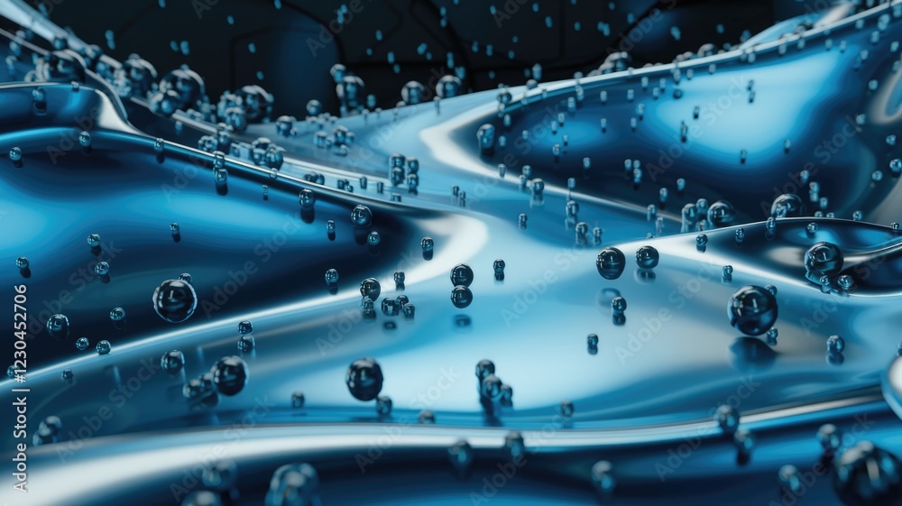 Poster Abstract 3D rendering of a flowing blue liquid surface with numerous small, dark spheres suspended within.