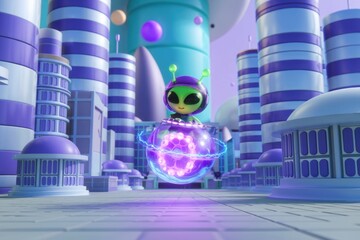 Cute alien in a futuristic city levitating in a glowing orb, showcasing vibrant colors and unique architecture.