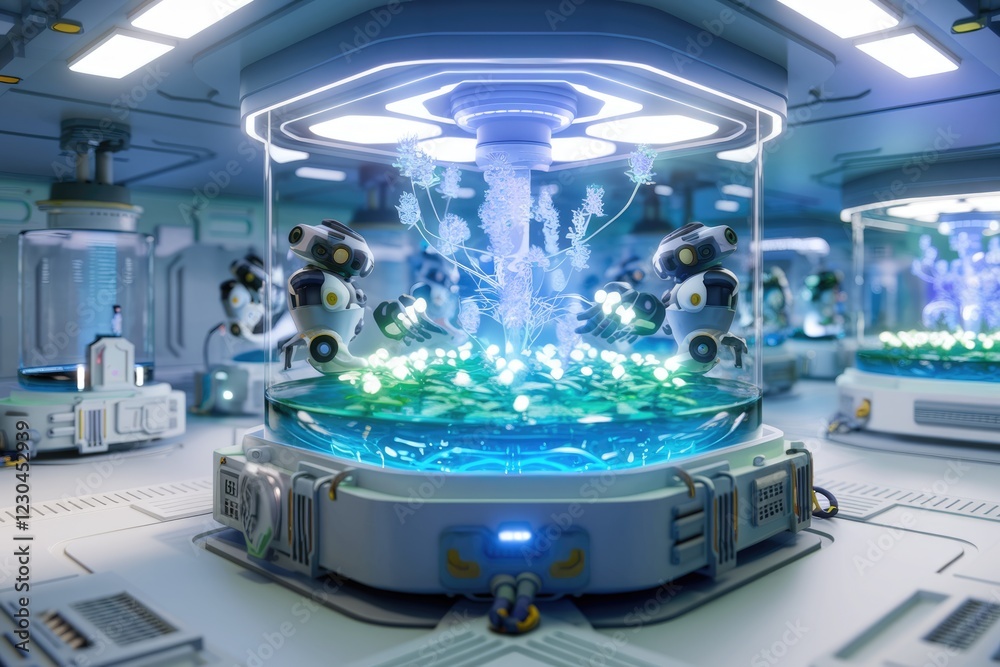 Poster two robots tending a glowing plant in a futuristic laboratory, showcasing advanced biotechnology.