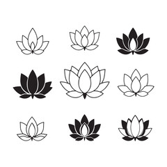 Fototapeta premium Lotus flower illustrations, black and white line drawings, minimalist floral designs 