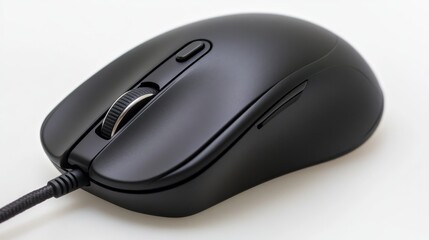 Close-up of a sleek black computer mouse on a light background, showcasing its ergonomic design and features
