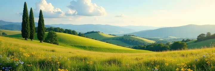 Rolling hills with cypress trees and wildflowers, landscape, cypress, hills