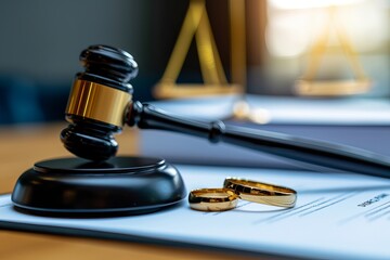 A close-up of a gavel, two wedding rings, and legal documents, symbolizing marriage law and legal proceedings. Divorce Settlement with Gavel and Rings, Divorce Law