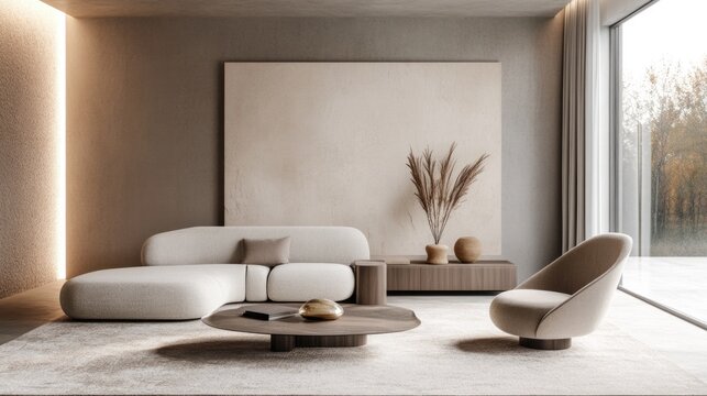 Luxury Minimalist Living Room with Elegant Furniture and Soft Lighting stylish Home Decor, Interior Design, and Lifestyle Themes . High quality photo
