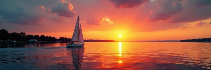 Sailboat at sunset approaching the entrance to Bremerhaven's harbor in Geeste estuary, water, sea