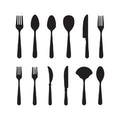 Silhouettes of cutlery, black and white flatware set