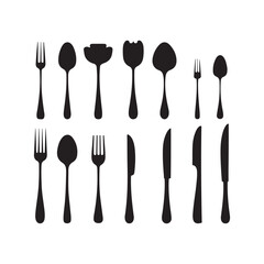 Silhouettes of cutlery, black and white flatware set