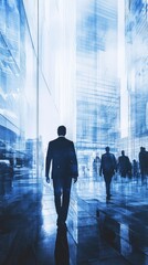 Back view of young businessman walking on abstract city background. Success and development...