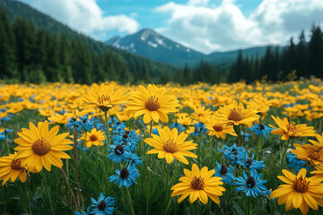 Obraz premium Yellow wildflowers bloom in a mountain meadow