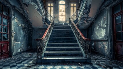 Decaying Grandeur: A Haunting View of an Abandoned Mansion's Staircase