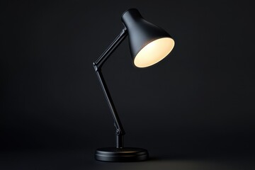 Realistic black background lamp light bulb glowing in dark tilted angle .A black floor lamp emits a warm yellow light, creating a cozy atmosphere in the room.