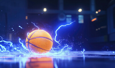 Fototapeta premium Fiery Basketball with Lightning in the Rain