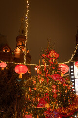 Chinese red lanterns for Chinese New Year celebration with Chinese traditional decorations.