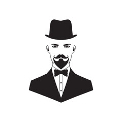 Vintage gentleman avatars, black and white icons, mustache variations, bowler hats silhouette 