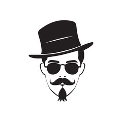Vintage gentleman avatars, black and white icons, mustache variations, bowler hats silhouette 