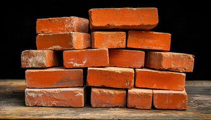 Obraz premium Many red bricks on light wooden table on black background. Construction material