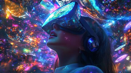 Little asian cute girl wearing virtual reality goggles with amazing cosmic futuristic space virtual imaging background .