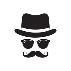 Vintage gentleman avatars, black and white icons, mustache variations, bowler hats silhouette 