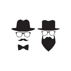 Vintage gentleman avatars, black and white icons, mustache variations, bowler hats silhouette 