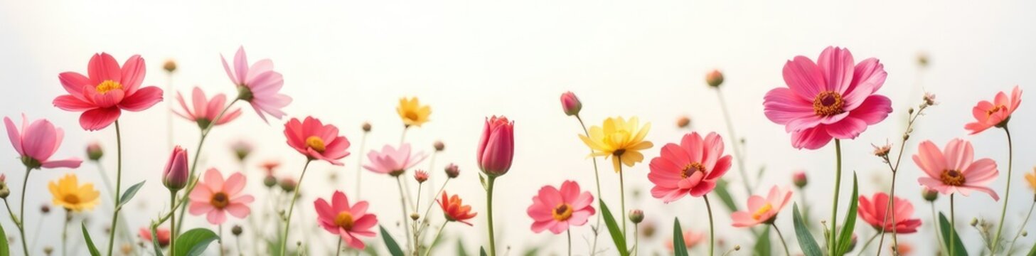 Sparsa colorful flowers on white background, soft focus, gentle colors, subtle, nature, delicate