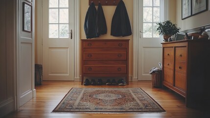 Cozy entryway with wooden furniture, rug, and coats.