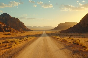 Desert dirt road leading through dramatic rocky mountains at sunset