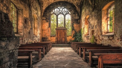 Fototapeta premium Serene Ruin: An Old Church's Peaceful Decay