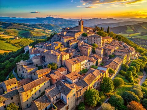 Stunning Aerial Drone Shot of Costacciaro, Umbria, Italy: Hilltop Town Panorama