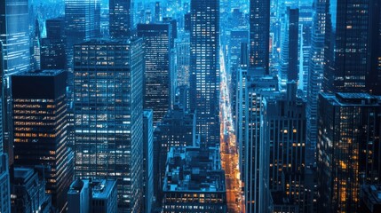 Night city view of office buildings, business skyscrapers aimed at success, career advancement and...