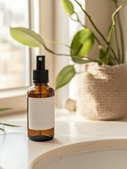 A bottle of perfume is sitting on a table next to a bunch of dried grass