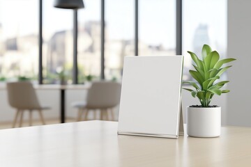 A table tent mockup for promotion or logo stands near a glass vase filled with fresh flowers on a wooden table in a contemporary setting