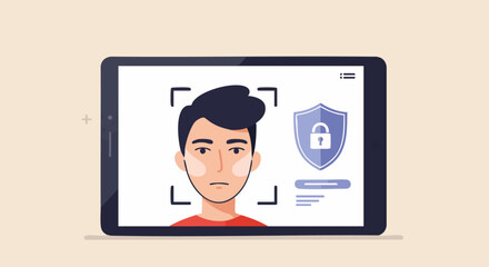 Digital illustration of facial recognition technology on a tablet with a security shield and user interface elements.