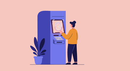 A person interacts with an ATM using fingerprint technology, highlighting biometric security in a modern financial setting.