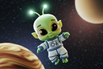 Adorable green alien astronaut floats in space, near planets.