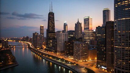 Fototapeta premium Stunning Chicago Cityscape: High-Resolution Panoramic View at Night with Deep Depth of Field