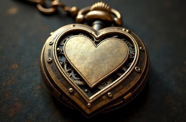 A hyper-realistic steampunk pocket watch with a heart-shaped face, gears and cogs exposed. Valentine’s Day Card with Blank Gear Text Space