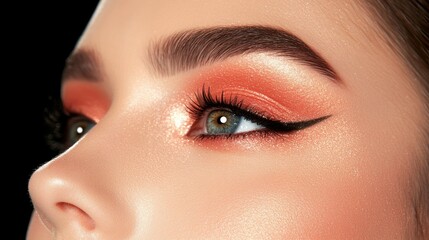 Naklejka premium A model features striking makeup with a cat-eye look, warm orange eyeshadow, and well-defined brows. The close-up highlights the artistry and attention to detail in beauty