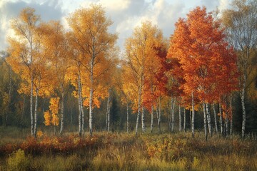 Fototapeta premium A serene autumn landscape, with trees in vibrant fall colors