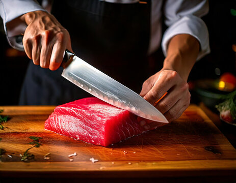 A chef is cutting a piece of meat with a knife. The knife is silver and the meat is red - Powered by Adobe
