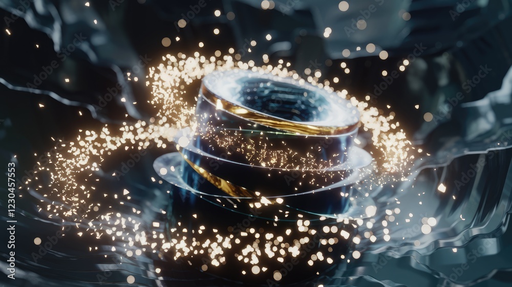 Poster abstract artwork of swirling, metallic rings with golden accents and glowing particles, creating a d