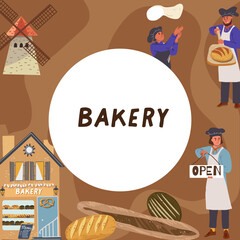 Background, frame, hand drawn bakery, people characters, windmill, bakery shop. Vector background, backdrop , hand drawn illustration.