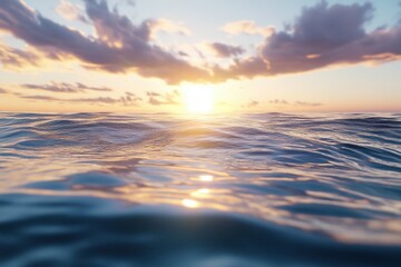 Obraz premium Realistic water surface with ripples and crystal clear . The sun sets gracefully over the ocean, illuminating the water with warm colors and reflecting a peaceful atmosphere.