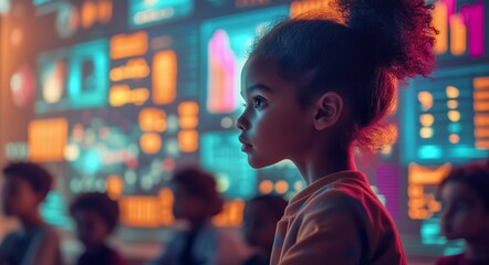 Young girl attentively engages with interactive technology in a modern classroom setting