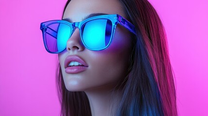 Fototapeta premium A model poses confidently, wearing striking blue sunglasses and highlighting contemporary fashion. The colorful backdrop enhances the modern aesthetic of the shoot