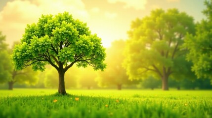 Fototapeta premium A single deciduous tree stands in a vibrant green meadow bathed in the warm glow of a sunlit morning, surrounded by a bokeh effect depicting other trees in the background.