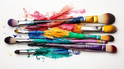 Obraz premium A collection of paintbrushes with vivid paint strokes on a white canvas, showcasing creativity and artistic expression.